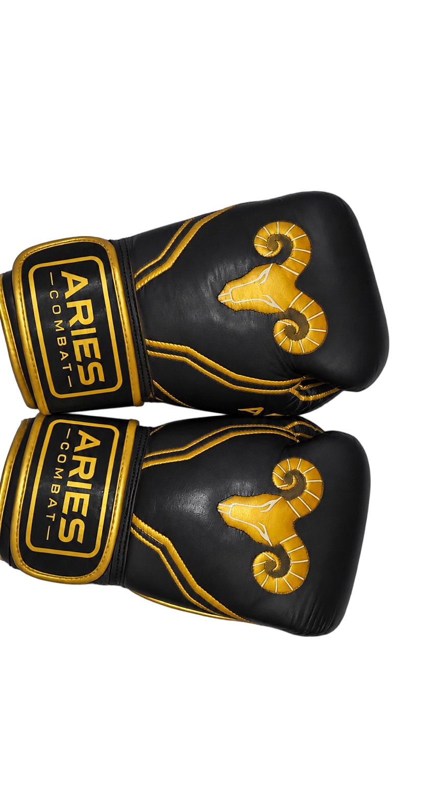 Black and gold boxing gloves, ram logo and knuckle view