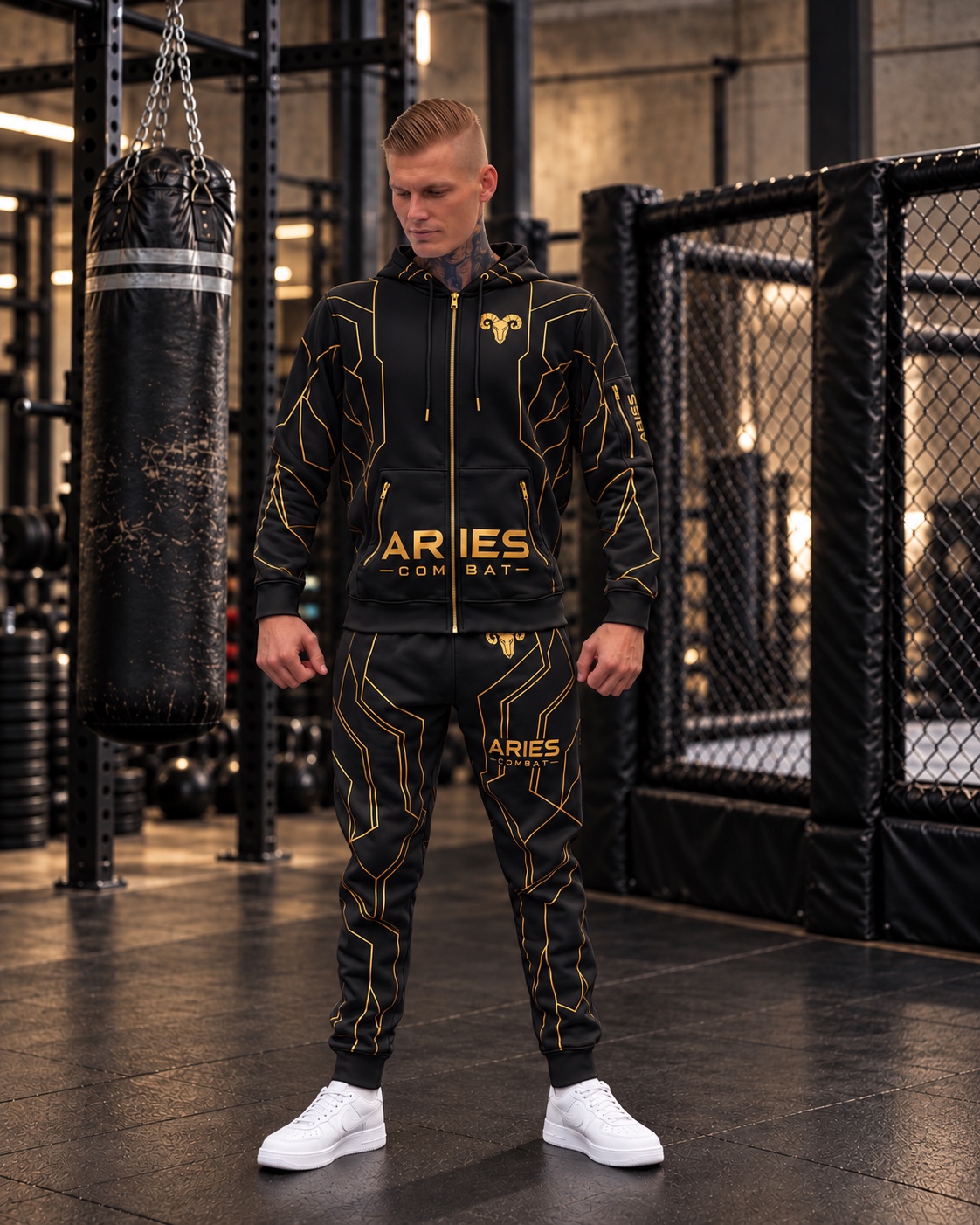 Black and gold EXO hoodie with matching joggers, front visualization